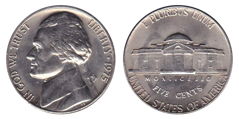1975 Jefferson nickel obverse and reverse showing Philadelphia and Denver mint varieties