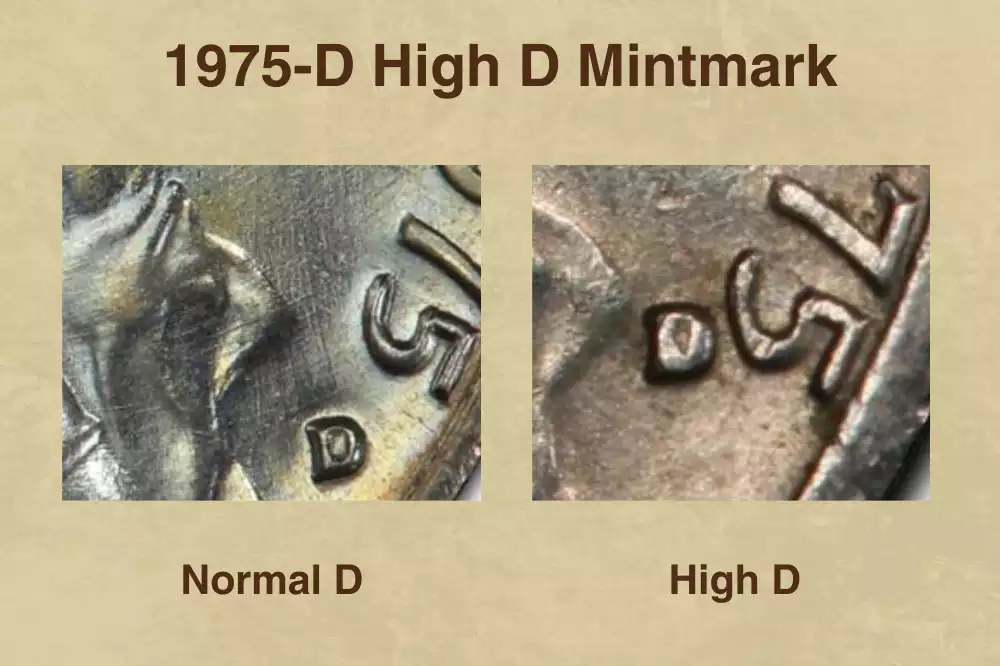 1975-D nickel comparison showing normal D mint mark position versus rare High D misplaced mint mark variety
