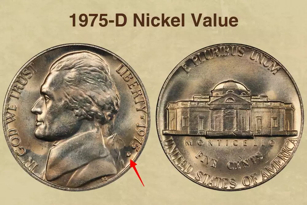 1975-D nickel showing repunched mint mark (RPM) with visible secondary D impression offset from primary