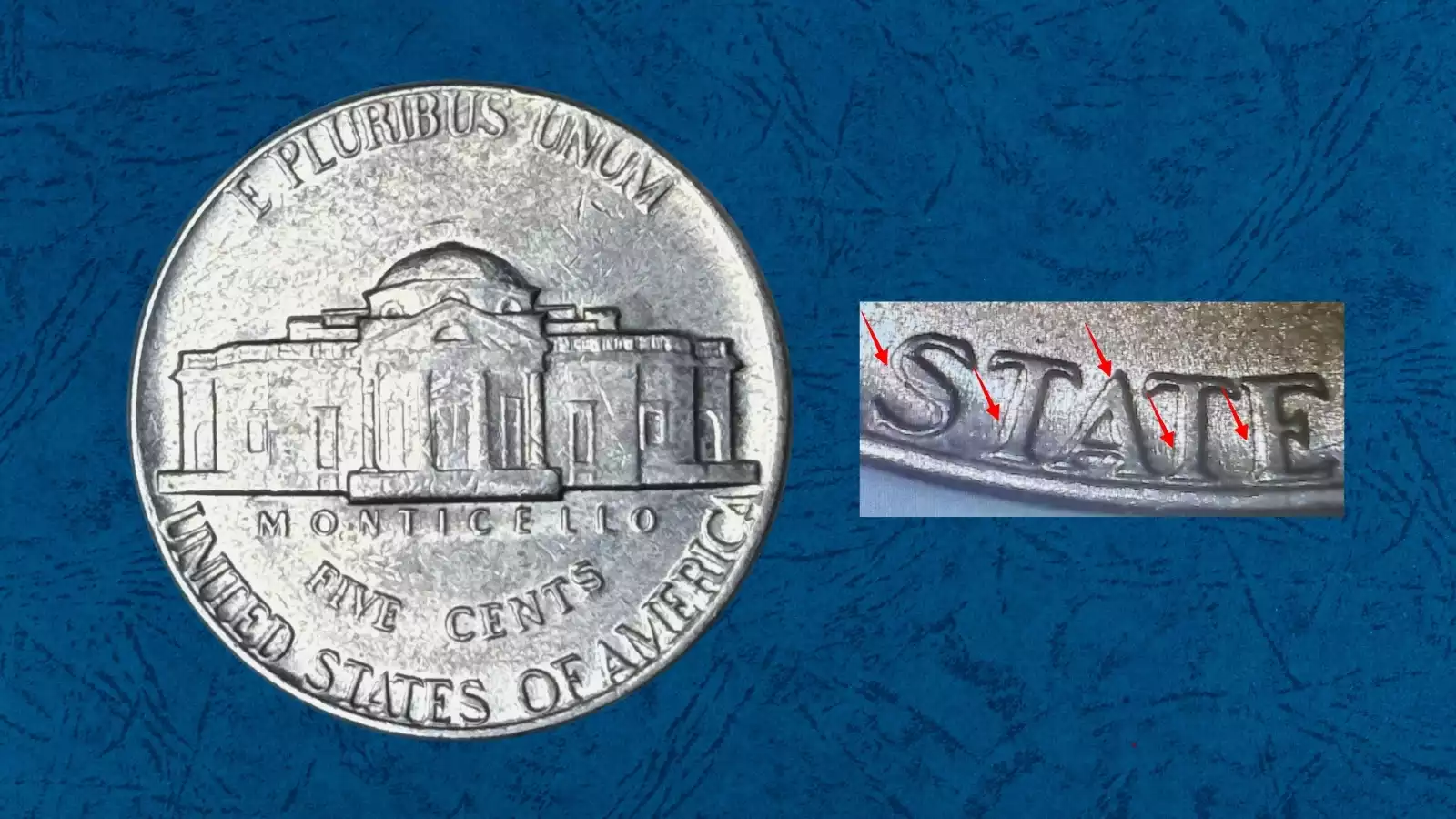 1975 Jefferson nickel doubled die obverse showing shelf-like doubling on date numerals and portrait