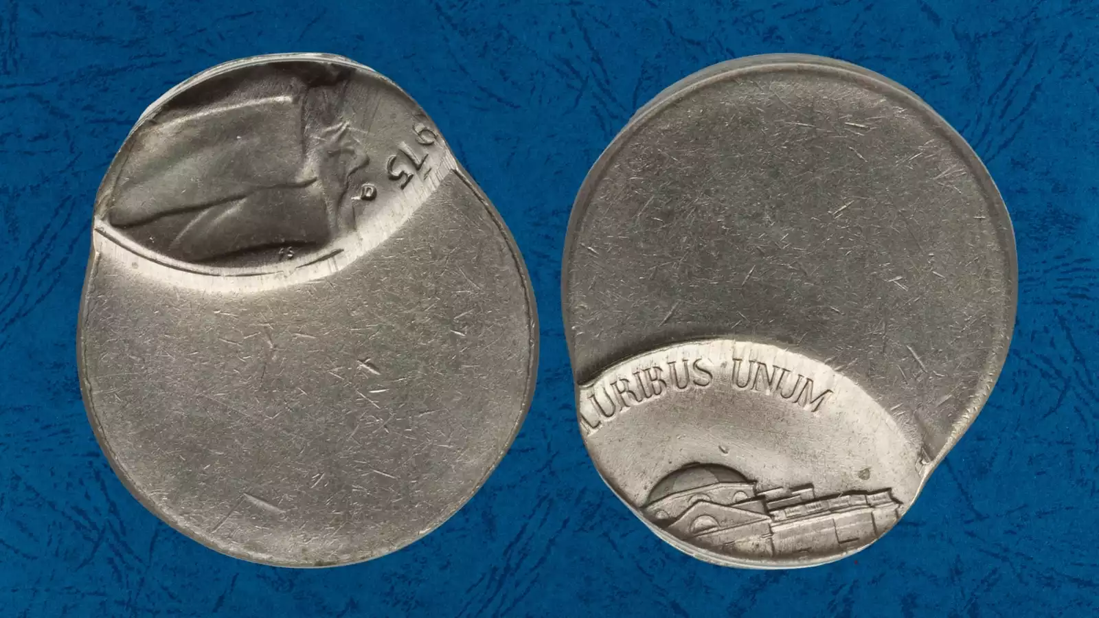 1975 Jefferson nickel off-center strike error showing blank planchet crescent and partially displaced design