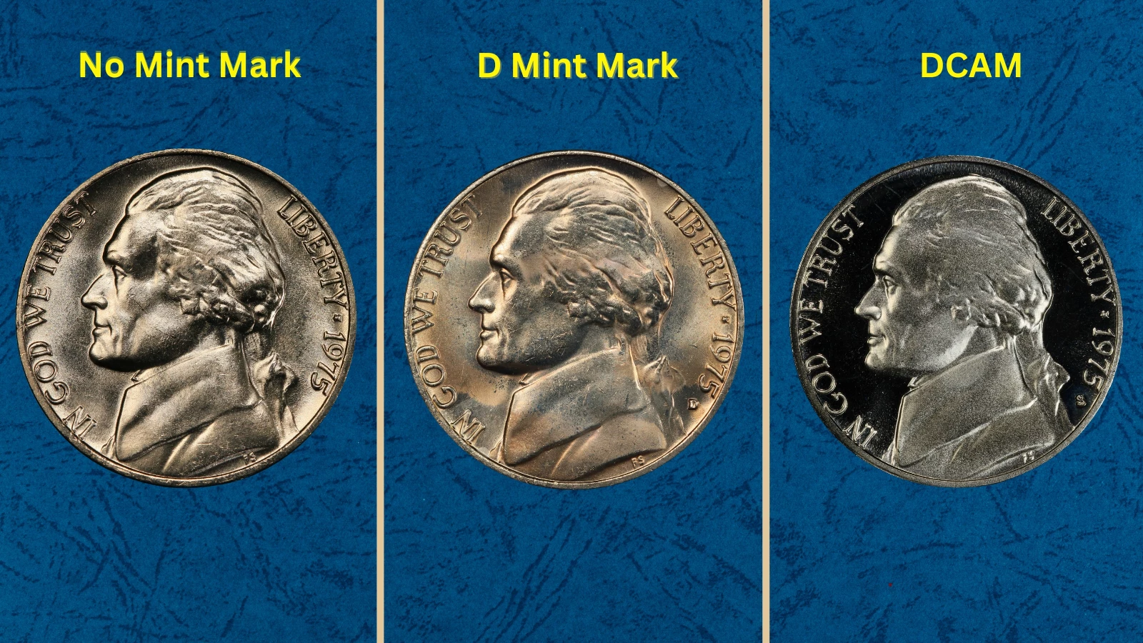 Collection of 1975 Jefferson nickels showing Philadelphia and Denver mint examples in various grades