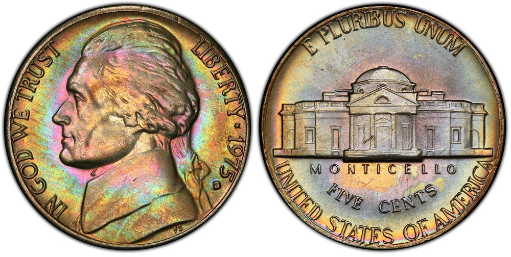 1975 Jefferson nickel grading strip showing four condition tiers from worn circulated to gem mint state